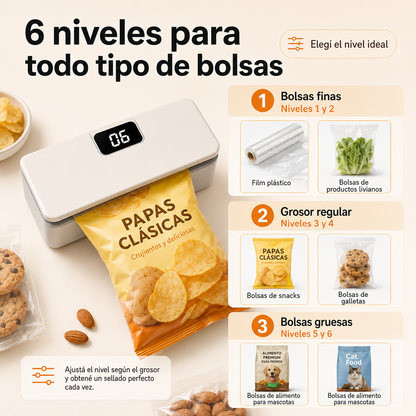 6 niveles de sellado ajustables para todo tipo de bolsas