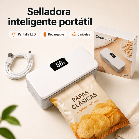 Selladora de bolsas portatil Umbra sellando un paquete de papas fritas sobre mesada